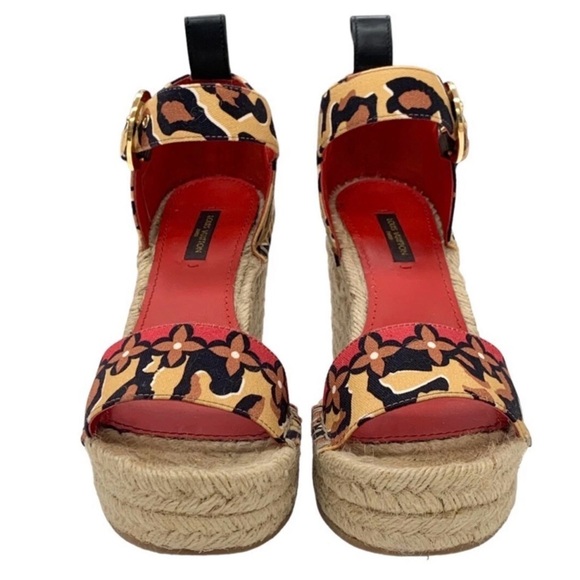 Louis Vuitton Sandals Brown Multicolor Canvas Leopard Print Wedge Sole Size 36 - Picture 2 of 13